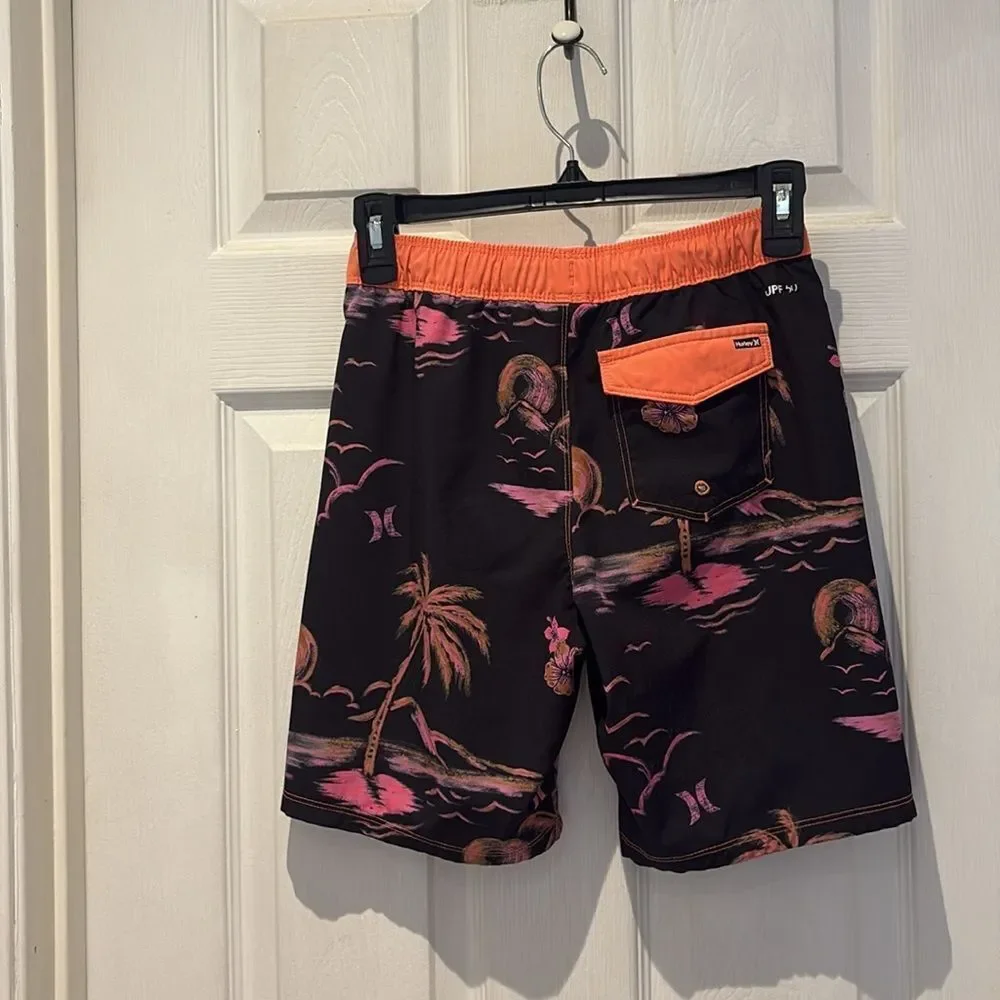 Hurley Black and Pink Board Shorts Tropical Design SZ 10/12 Neon orange and pink